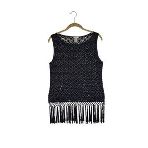 Cache Crochet Fringe Top Sleeveless Black Satin Sequin Sheer Evening Size Medium